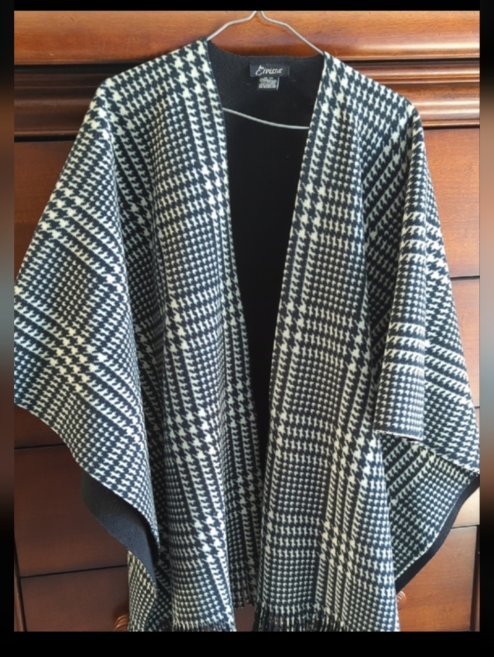 Black & White Houndstooth Open-Front Poncho